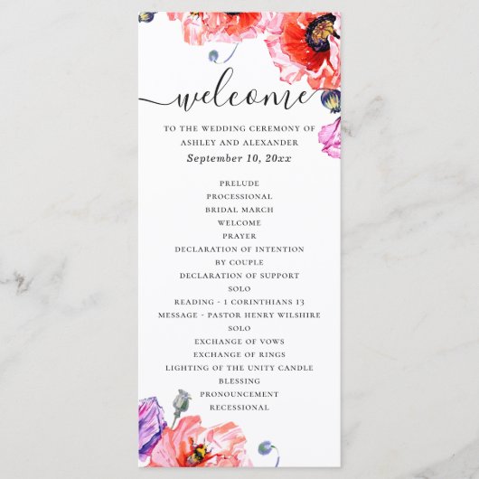 Programme Des pavots. Elégante aquarelle rouge mariage (Devant)