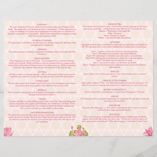 Programme des rituels mariages hindous lotus roses (Dos)