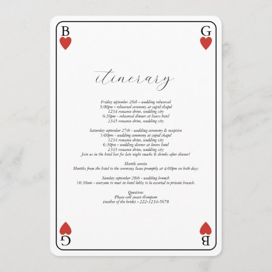 Programme d'itinéraire Mariage de carte de jeu de  (Dos)