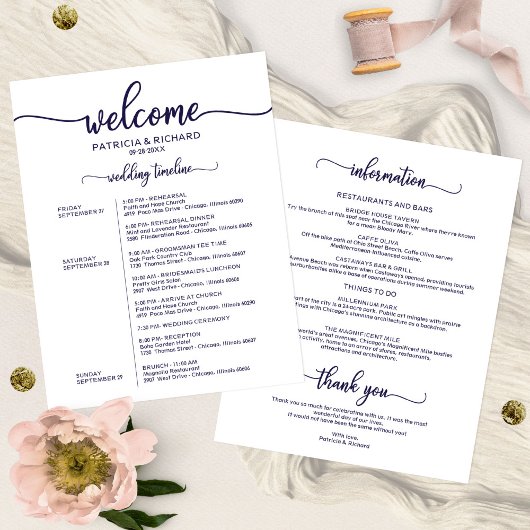 Programme du week-end de mariage Chic Bleu Navy Ca