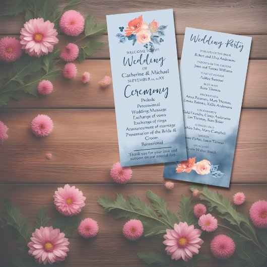 Programme Dusty Blue & Coral Rose Aquarelle Mariage Floral