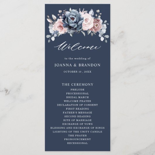 Programme Dusty Blue Mauve Rose rose ardoise Mariage floral  (Devant)