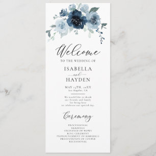 Programme Dusty Blue Navy Floral Rustic Watercolor Mariage