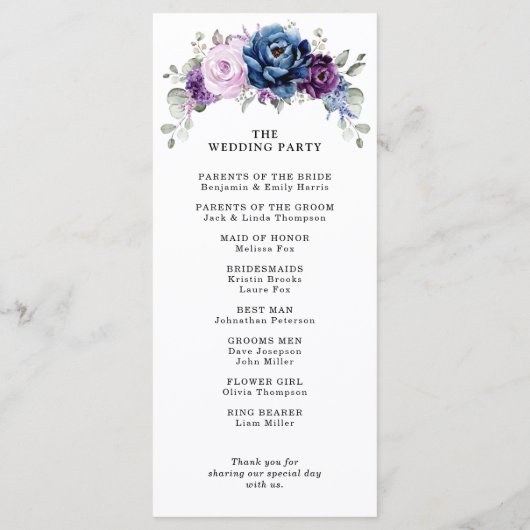 Programme Dusty Blue Purple Navy Lilac Blooms Mariage (Dos)