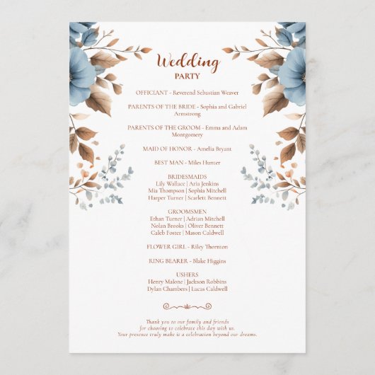 Programme Dusty Blue Terracotta Floral Boho Élégant Mariage (Dos)