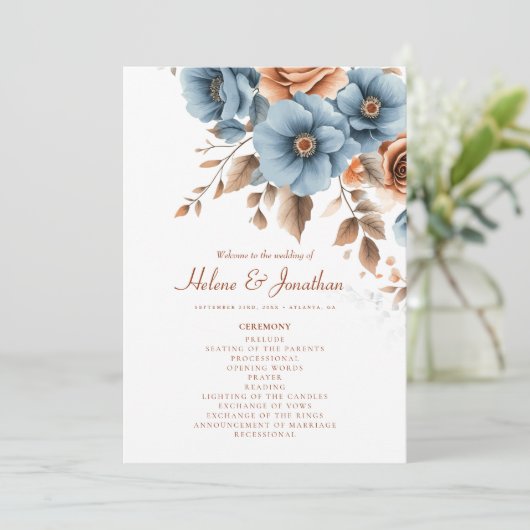 Programme Dusty Blue Terracotta Floral Boho Élégant Mariage (Debout devant)