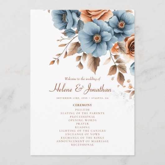 Programme Dusty Blue Terracotta Floral Boho Élégant Mariage (Devant)