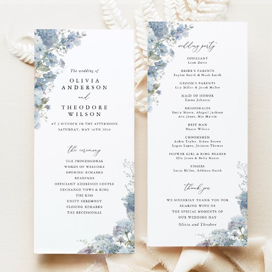 Programme Dusty Blue Watercolor Floral Wedding Ceremony
