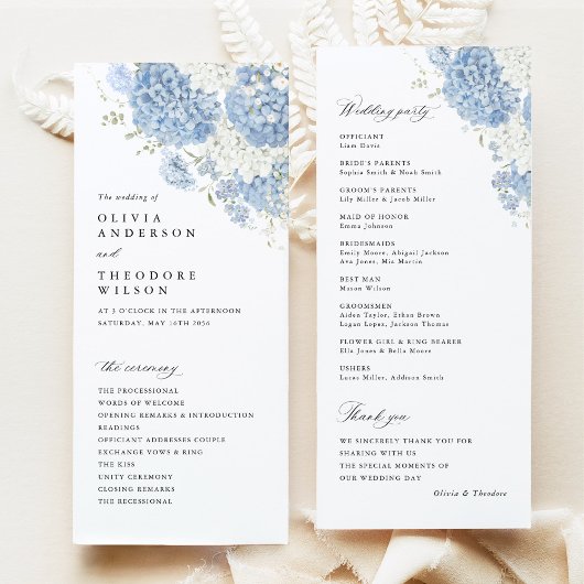 Programme Dusty Blue White Watercolor Wedding Ceremony