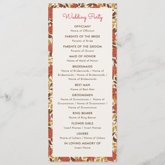 Programme Dusty Brunt Orange Peony Flowers Mariage de automn (Dos)