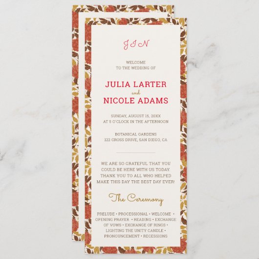 Programme Dusty Brunt Orange Peony Flowers Mariage de automn (Devant / Derrière)