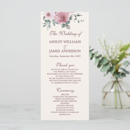 Programme Dusty Pink Bourgogne Floral Ivory Wedding Programm (Debout devant)