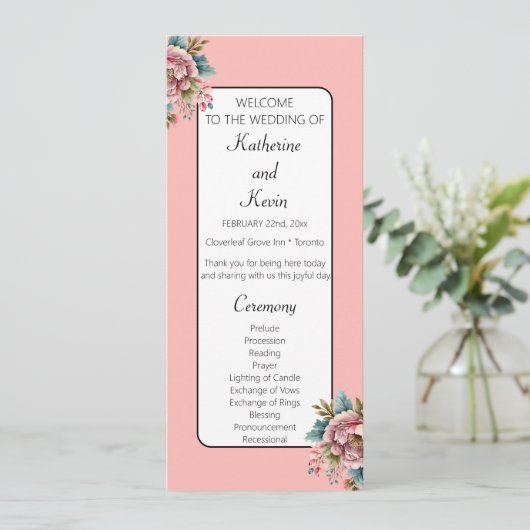 Programme Dusty rose blanc Turquoise Floral Mariage Célébrat (Debout devant)