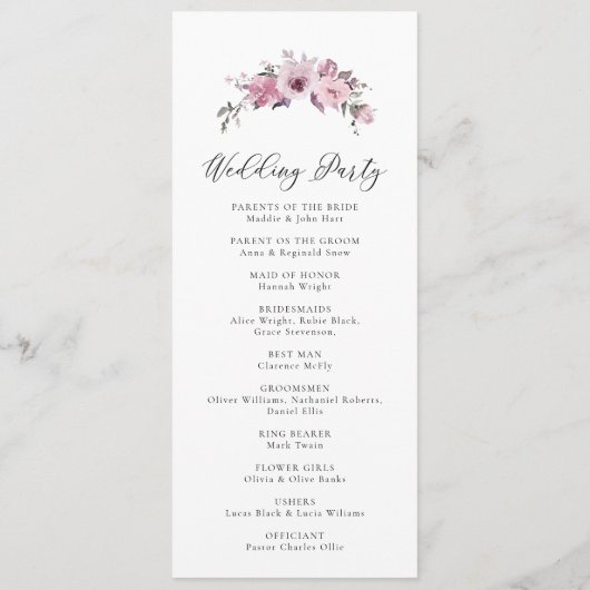 Programme Dusty Rose Mauve Floral Rustic Mariage aquarelle (Dos)