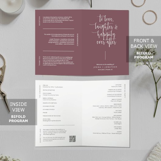Programme Dusty violet moderne minimal QR Code Mariage plié