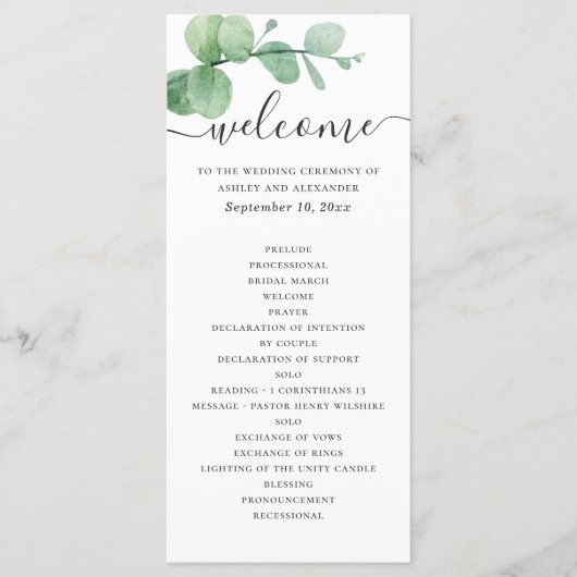Programme Eau-couleur eucalyptus. Mariage de script élégant (Devant)
