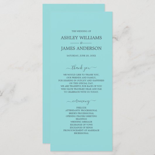 Programme Écriture Chic Turquoise Bleu Simple Minimal Mariag (Devant / Derrière)