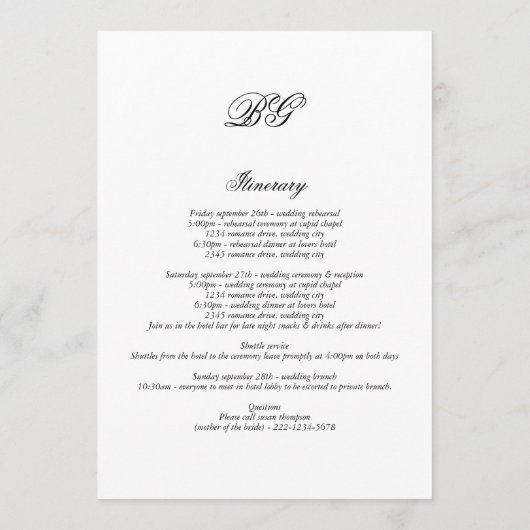 Programme Église traditionnelle Monogramme Mariage Itinérair (Dos)
