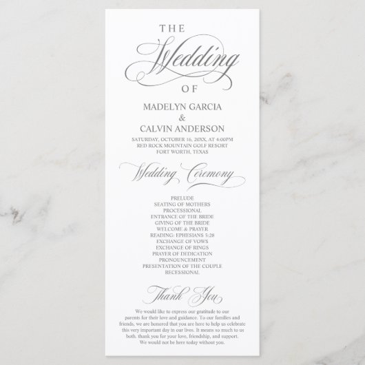 Programme Élégance classique Gris Script Mariage cérémonie (Devant)