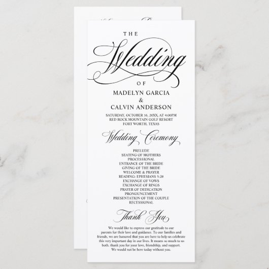 Programme Élégance classique Script noir, Cérémonie Mariage  (Devant / Derrière)