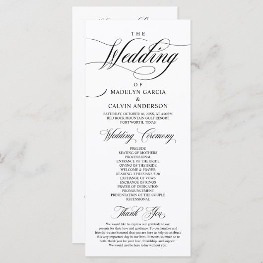 Programme Élégance classique Script noir, Cérémonie Mariage (Devant / Derrière)
