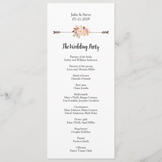 Programme Elégant Aquarelle Fleurs Mariage bohème (Devant)