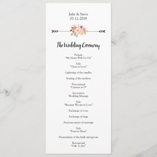 Programme Elégant Aquarelle Fleurs Mariage bohème (Dos)