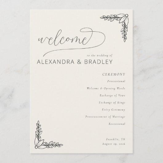 Programme Elegant Beige Botanical Wedding Ceremony Schedule (Devant)