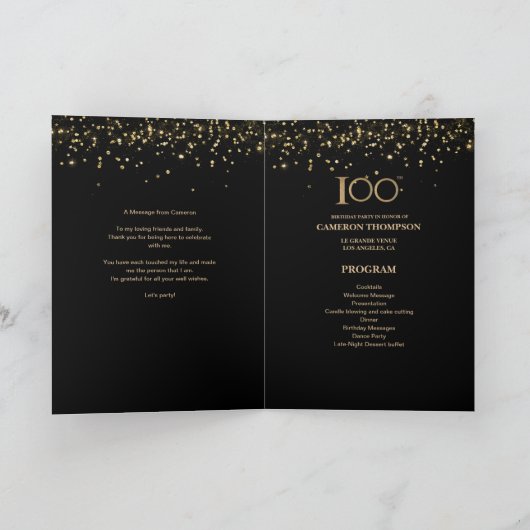 Programme Elegant Black Gold confetti Custom 100th birthday (Intérieur)