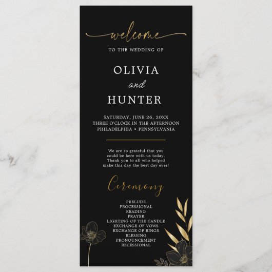 Programme Élégant Black & Gold Floral Wedding Party Program (Devant)