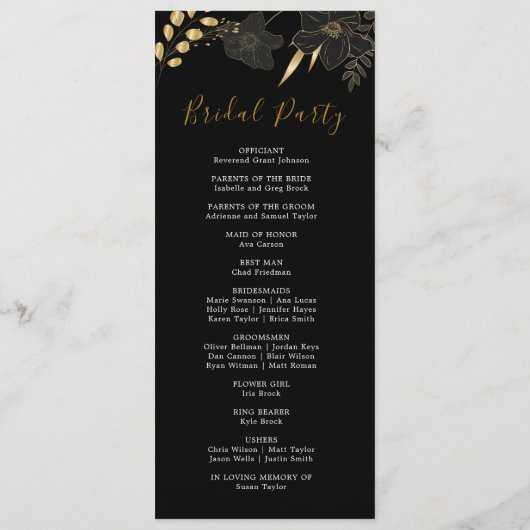 Programme Élégant Black & Gold Floral Wedding Party Program (Dos)