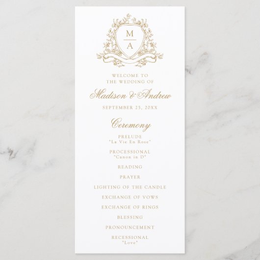 Programme Élégant Blason Floral Or Monogramme Mariage (Devant)