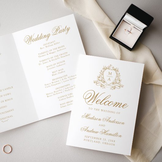 Programme Élégant Blason Floral Or Monogramme Mariage