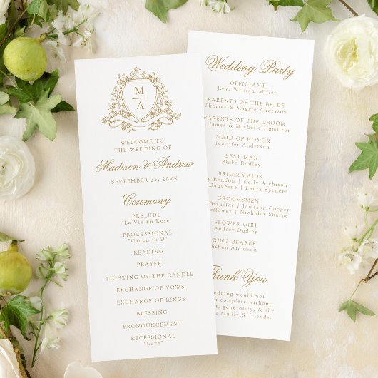 Programme Élégant Blason Floral Or Monogramme Mariage