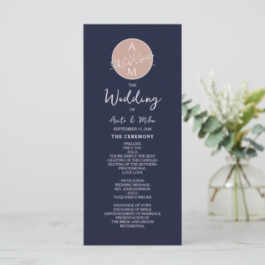 Programme Elégant Blush et Navy Blue Script Wedding Programm (Debout devant)