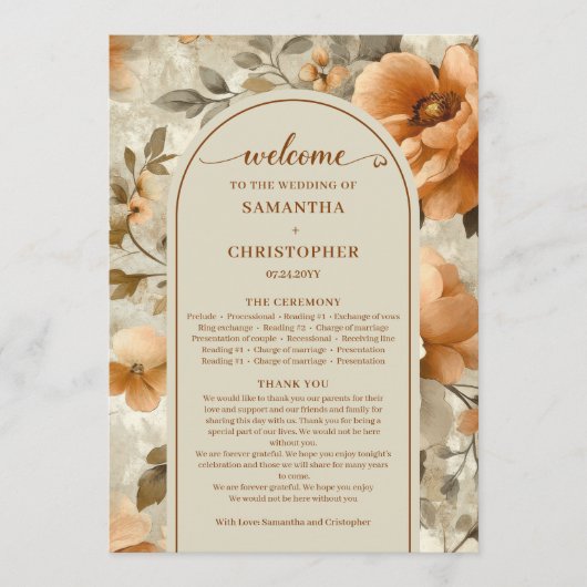 Programme Elegant Boho Burnt Orange Ivory Sage Wedding Day (Devant)
