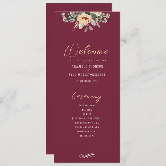 Programme - Elégant bordeaux, Mariage (Devant / Derrière)