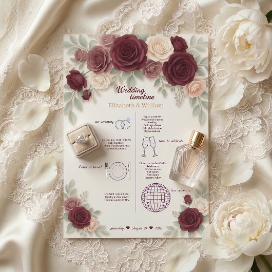 Programme Elegant Burgundy Wedding Timeline Program