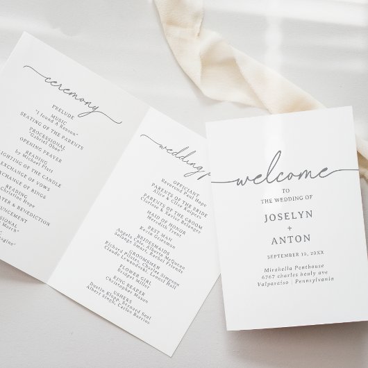 Programme Élégant Calligraphie Chic Gris Mariage Plié
