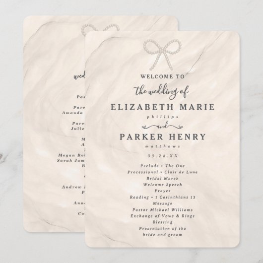 Programme Elegant Champagne Pearl Bow Wedding Ceremony (Devant / Derrière)