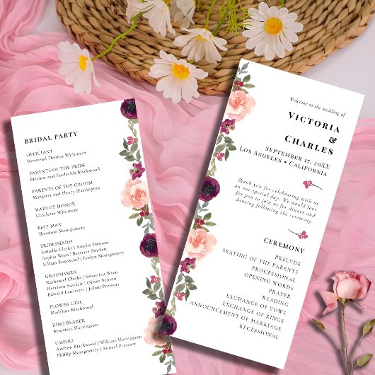 Programme Elégant Chic Bourgogne Aquarelle Floral Mariage
