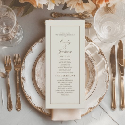 Programme Elégant Classique Cream Brown Script Wedding Progr