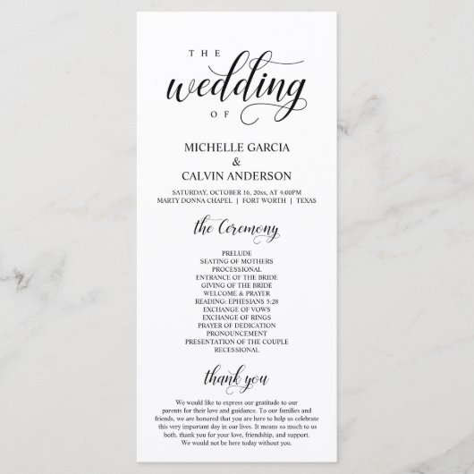 Programme Elegant Classy, Noir script, Mariage Ceremony Pro (Devant)