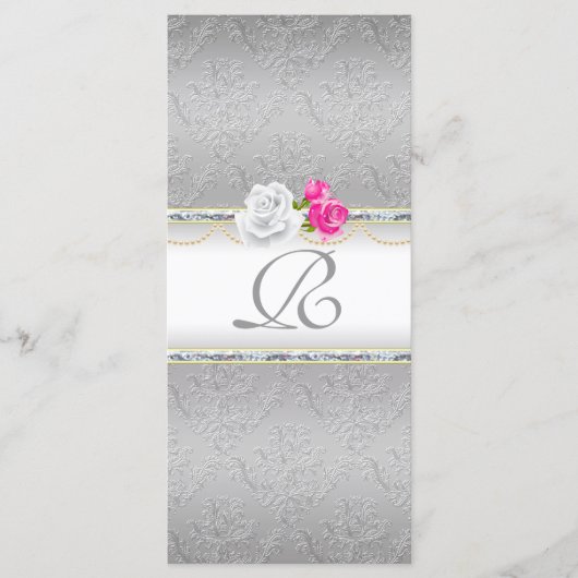 Programme Élégant Damas d'argent et Monogramme rose (Devant)