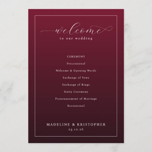 Programme élégant de cérémonie de mariage bordeaux (Devant)