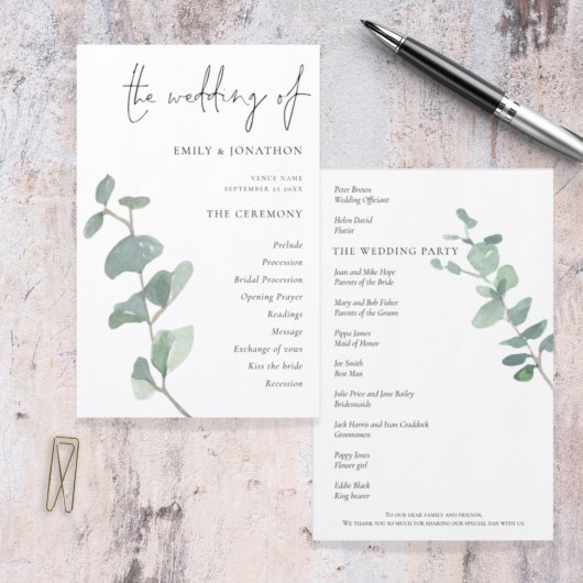 Programme Élégant de mariage de script Eucalyptus 