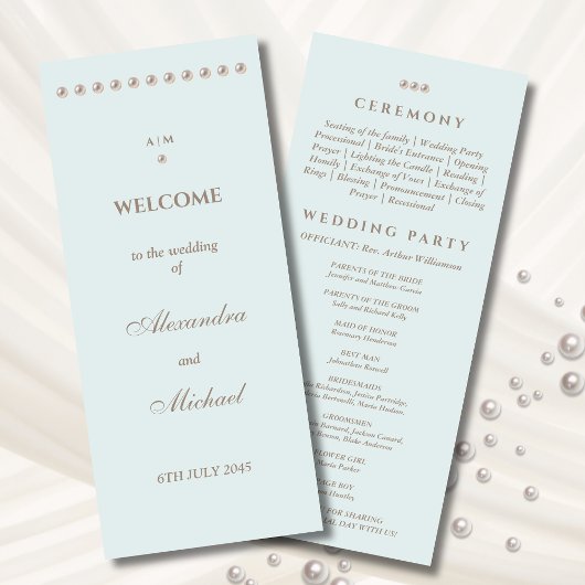 Programme Elégant Dusty Blue Monogram Pearl Wedding Programm