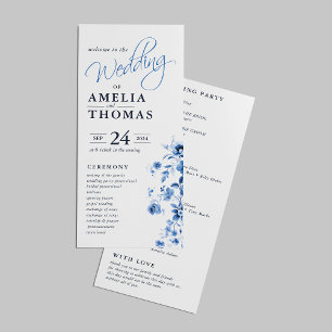 Programme Élégant écriture fleurs toile bleu français mariag
