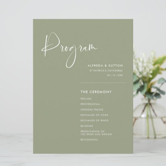 Programme Élégant et moderne mariage vert Sage (Debout devant)