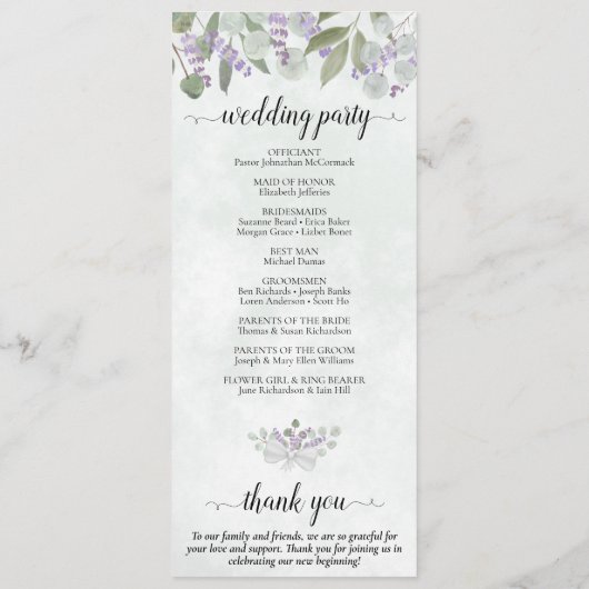 Programme Elégant Eucalyptus & Lavender Mariage aquarelle (Dos)